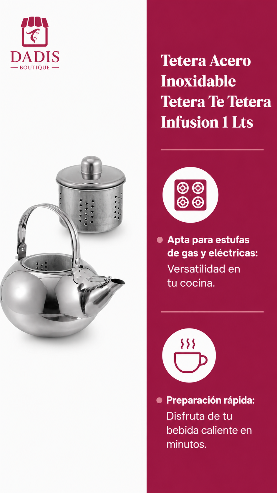 Tetera Acero Inoxidable Tetera Te Tetera Infusion 1 Lts-3