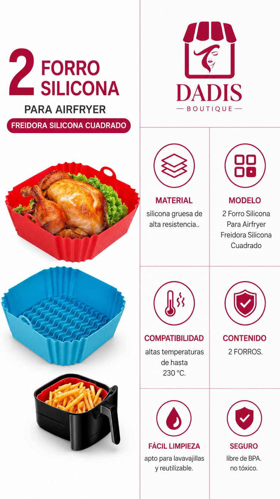 2 Forro Silicona Para Airfryer Freidora Silicona Cuadrado-3