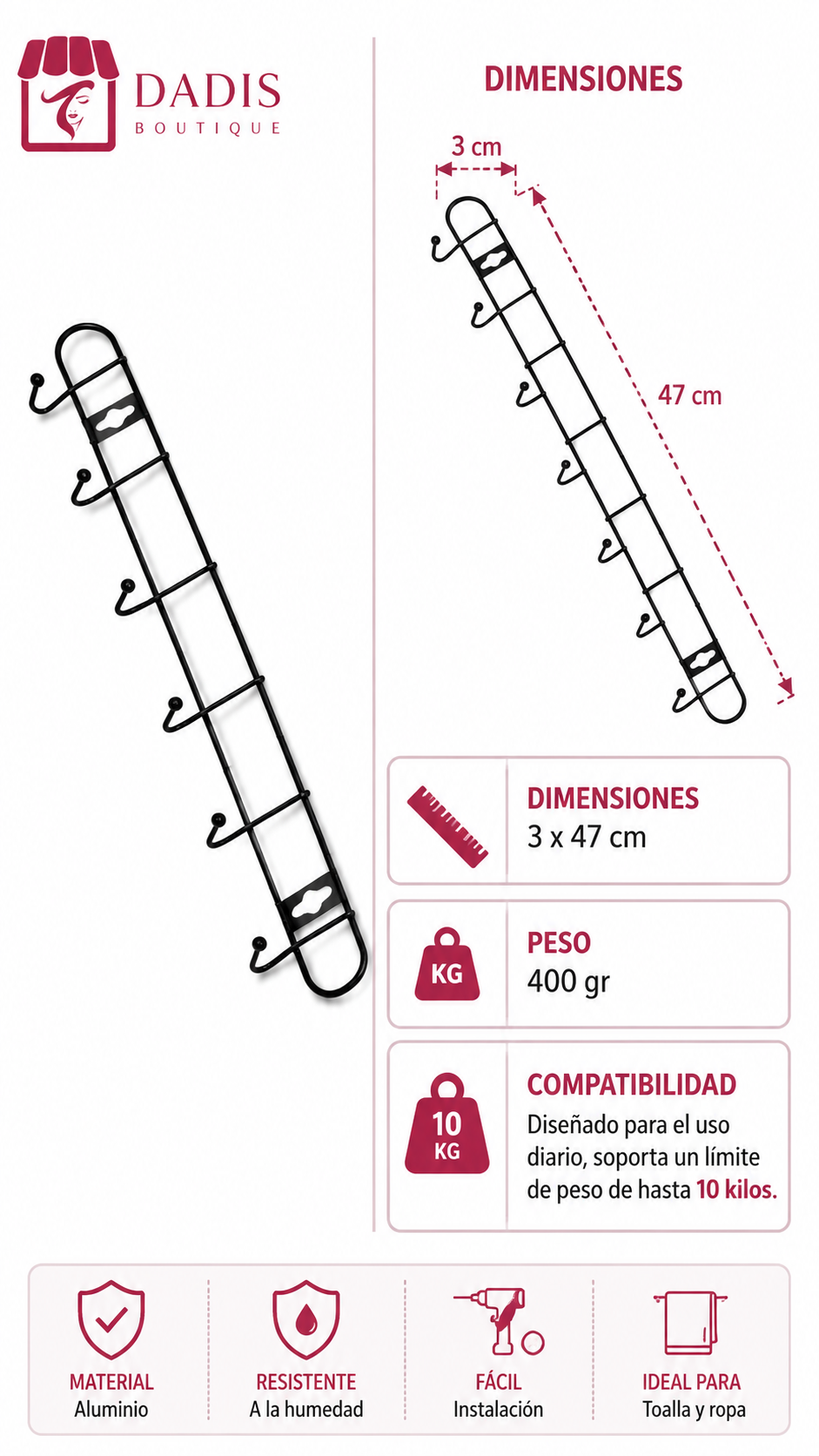 2 Colgador Perchero Aluminio De Pared Para Toalla Ropa-2