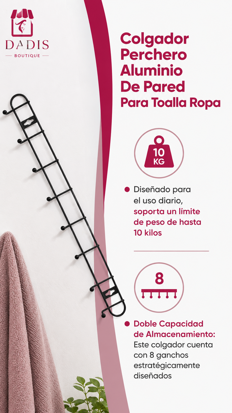 2 Colgador Perchero Aluminio De Pared Para Toalla Ropa-3