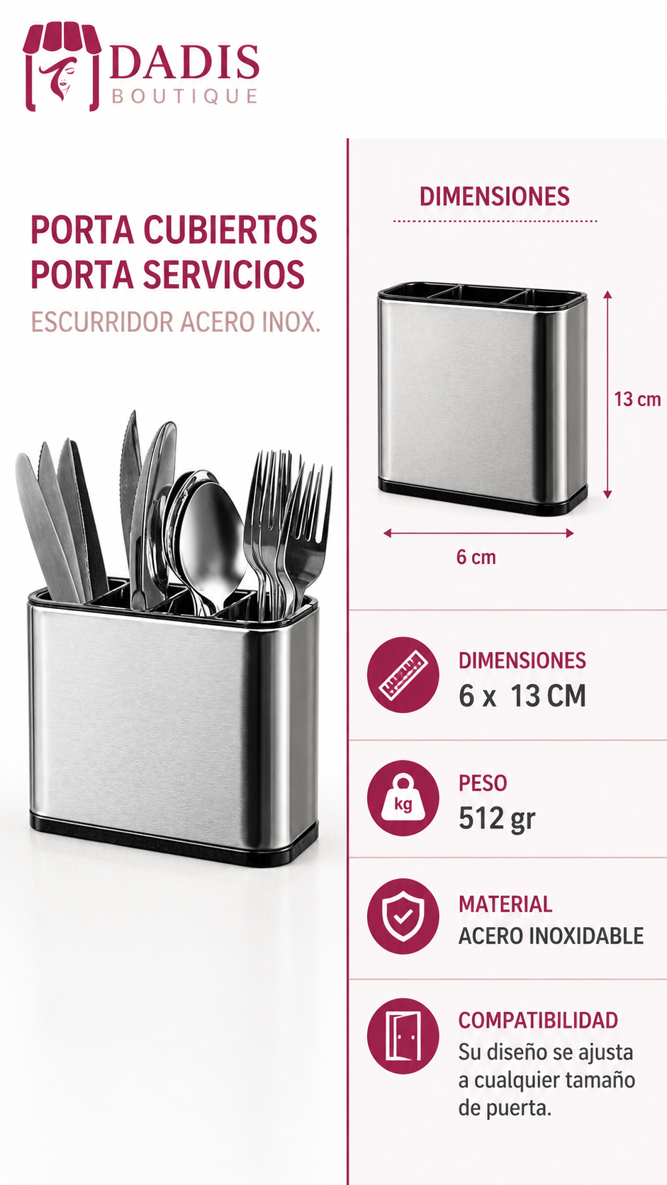 Porta Cubiertos Acero Inoxidable Escurridor Cocina Moderno-3