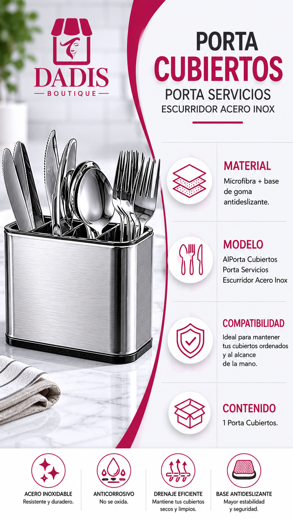 Porta Cubiertos Acero Inoxidable Escurridor Cocina Moderno-4