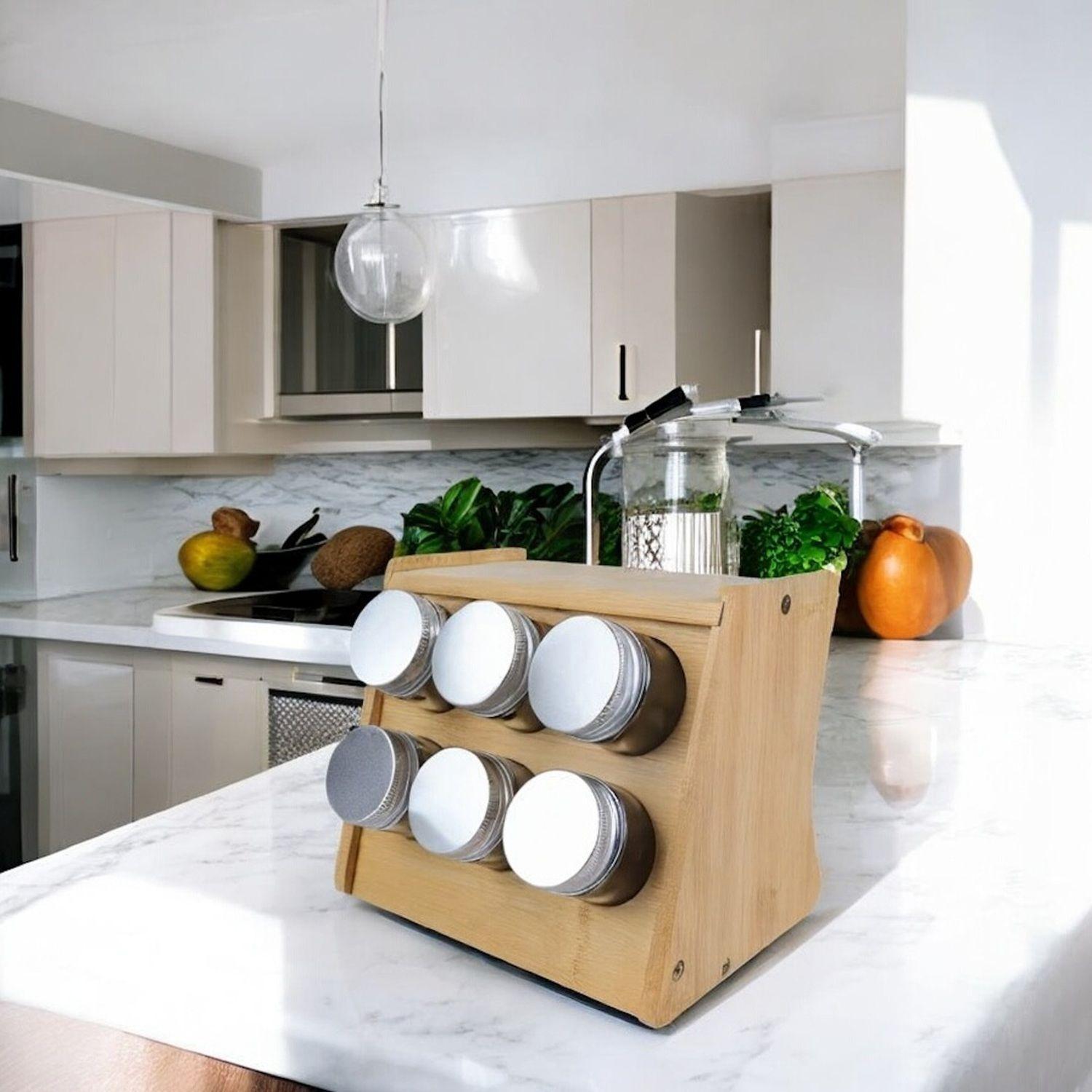 Set especiero bambu condimentero frasco hermetico cocina -4