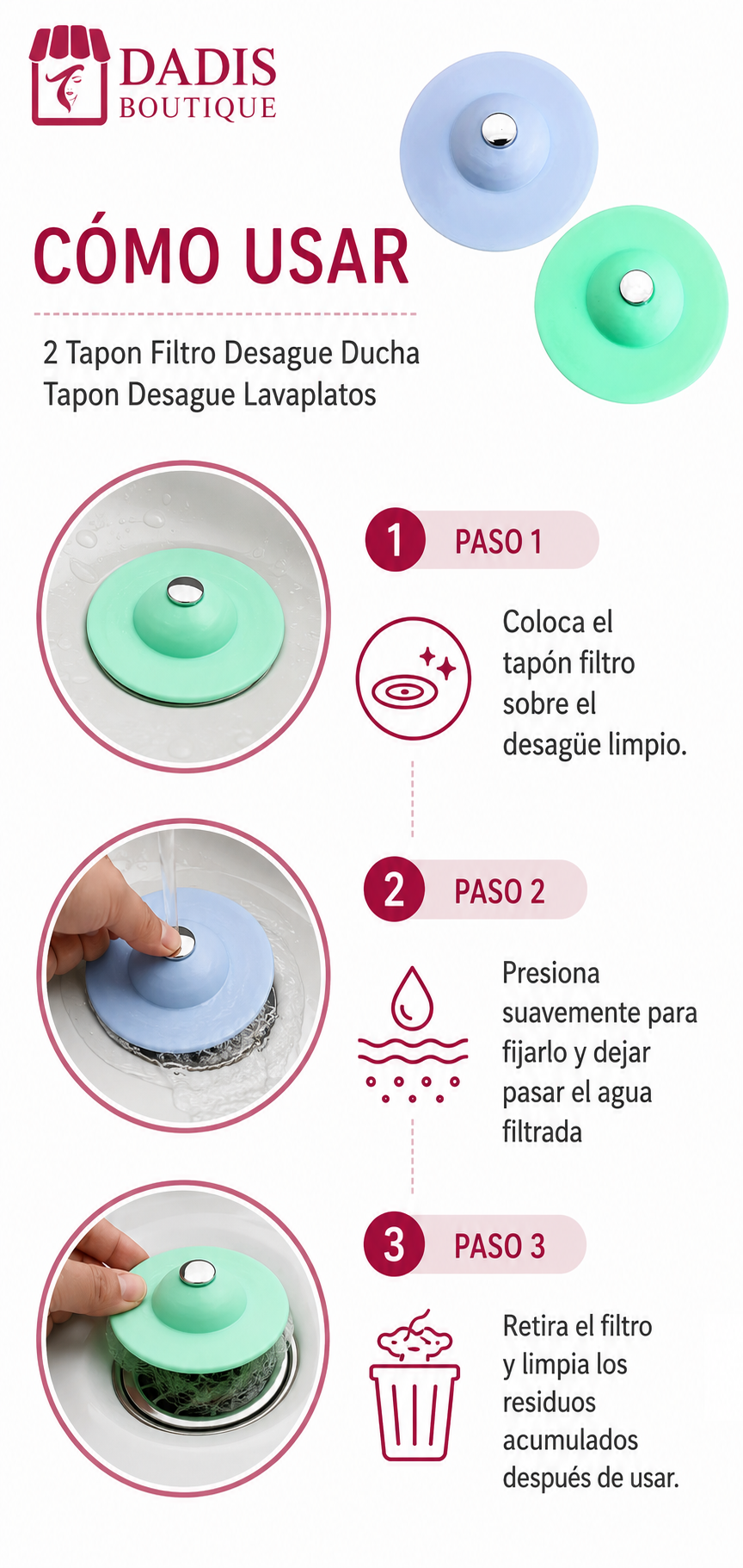 2 Tapon Filtro Desague Ducha Tapon Desague Lavaplatos-3