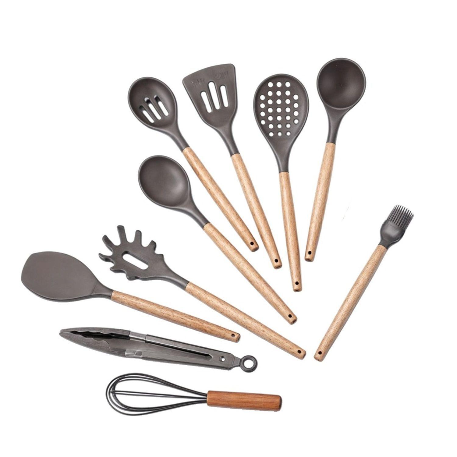 kit 10 utencilios de cocina set cucharones utencilios madera silicona-2