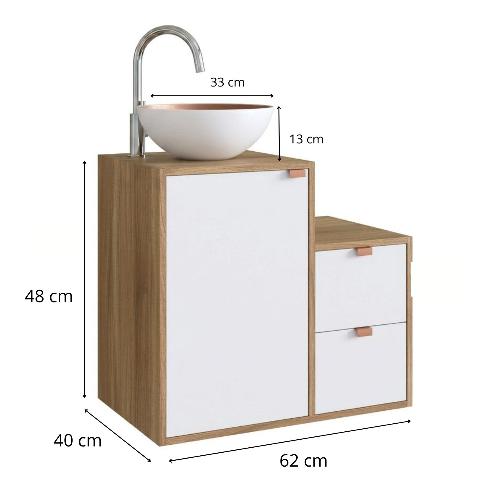 Combo Mueble de bano con Lavamanos 2cajones 1puerta nogal blanco cobre y Organizador nogal 2puertas-4