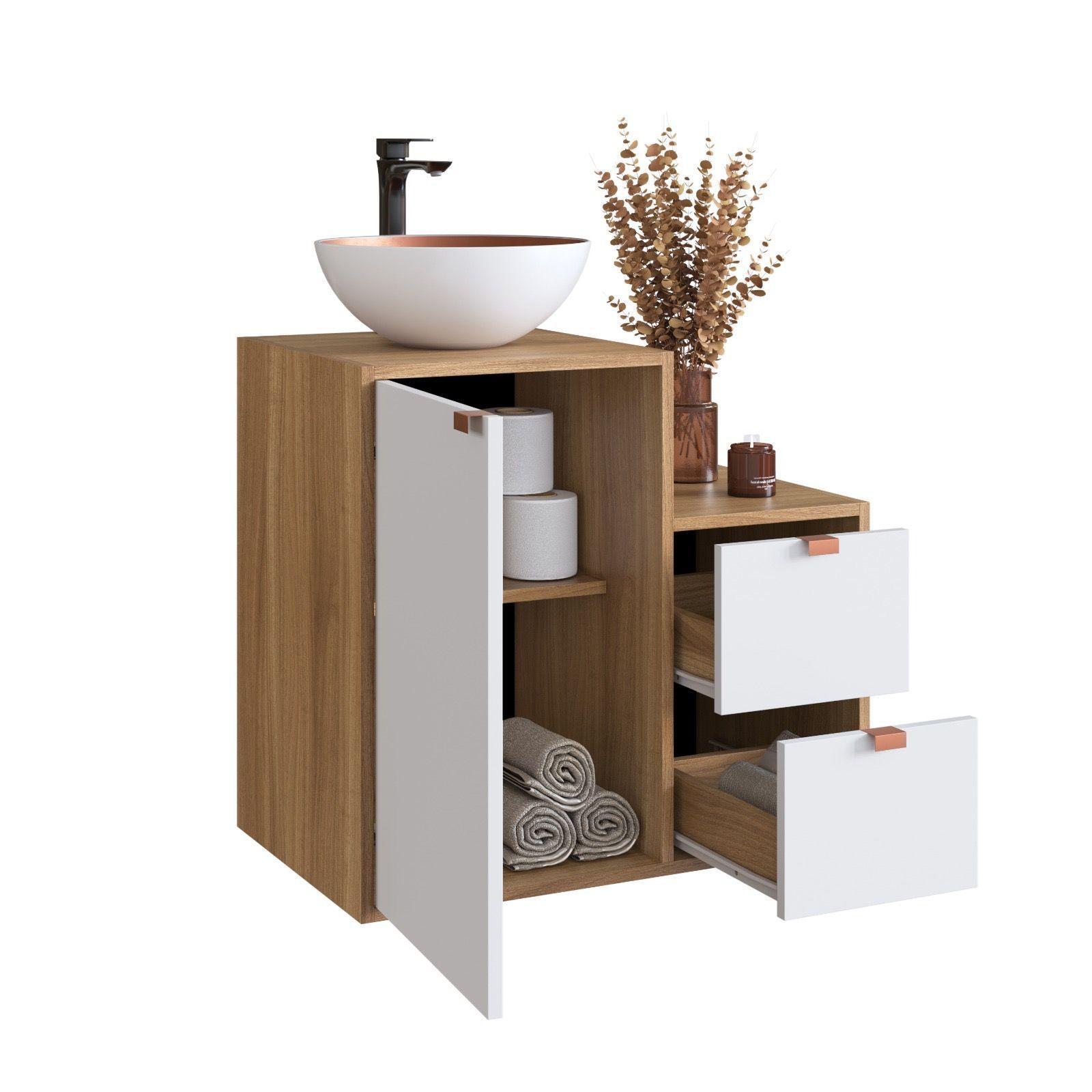 Combo Mueble de bano con Lavamanos 2cajones 1puerta nogal blanco cobre y Organizador nogal 2puertas-2