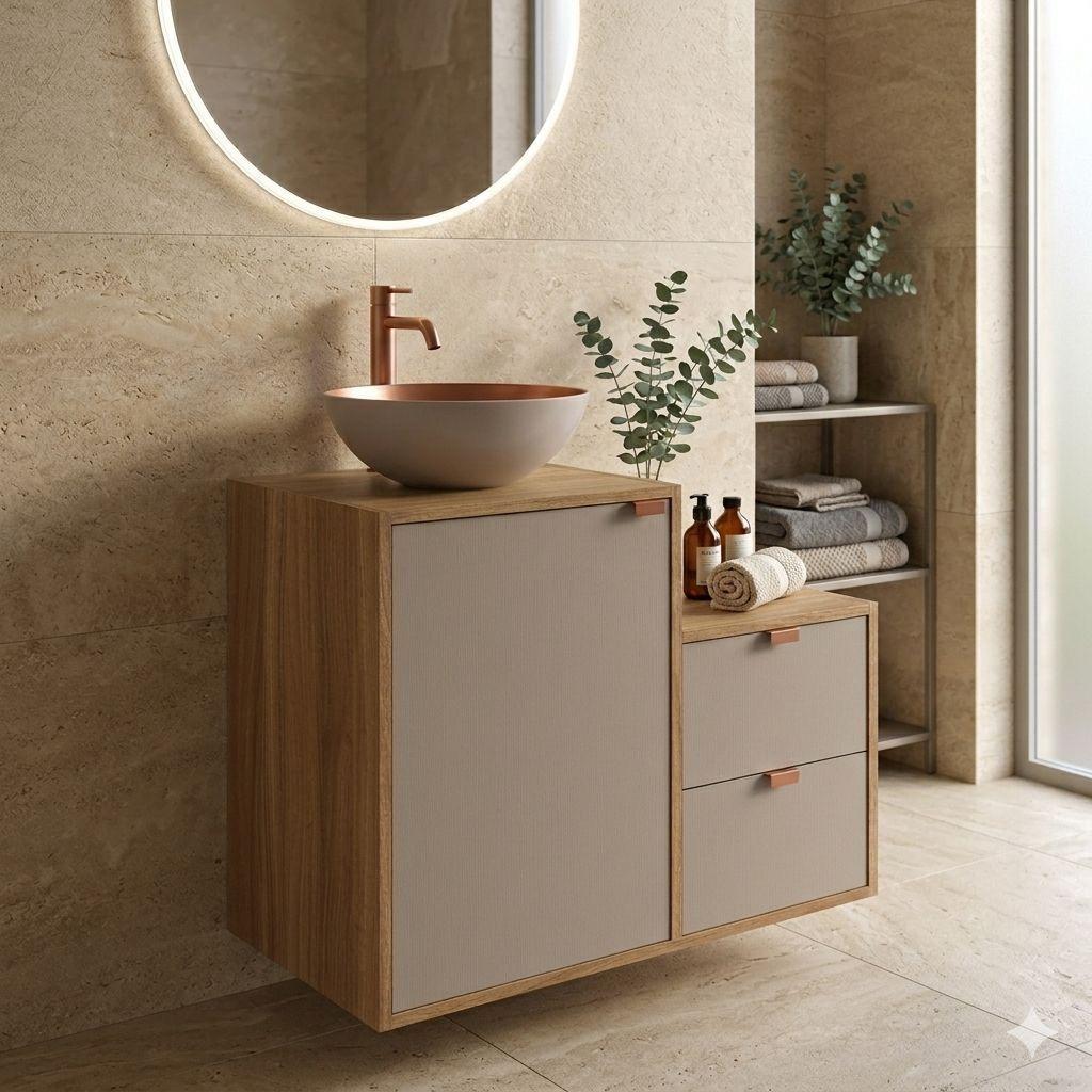 Mueble Bano con Lavamanos 1 puerta 2 cajones Gris Blanco-1