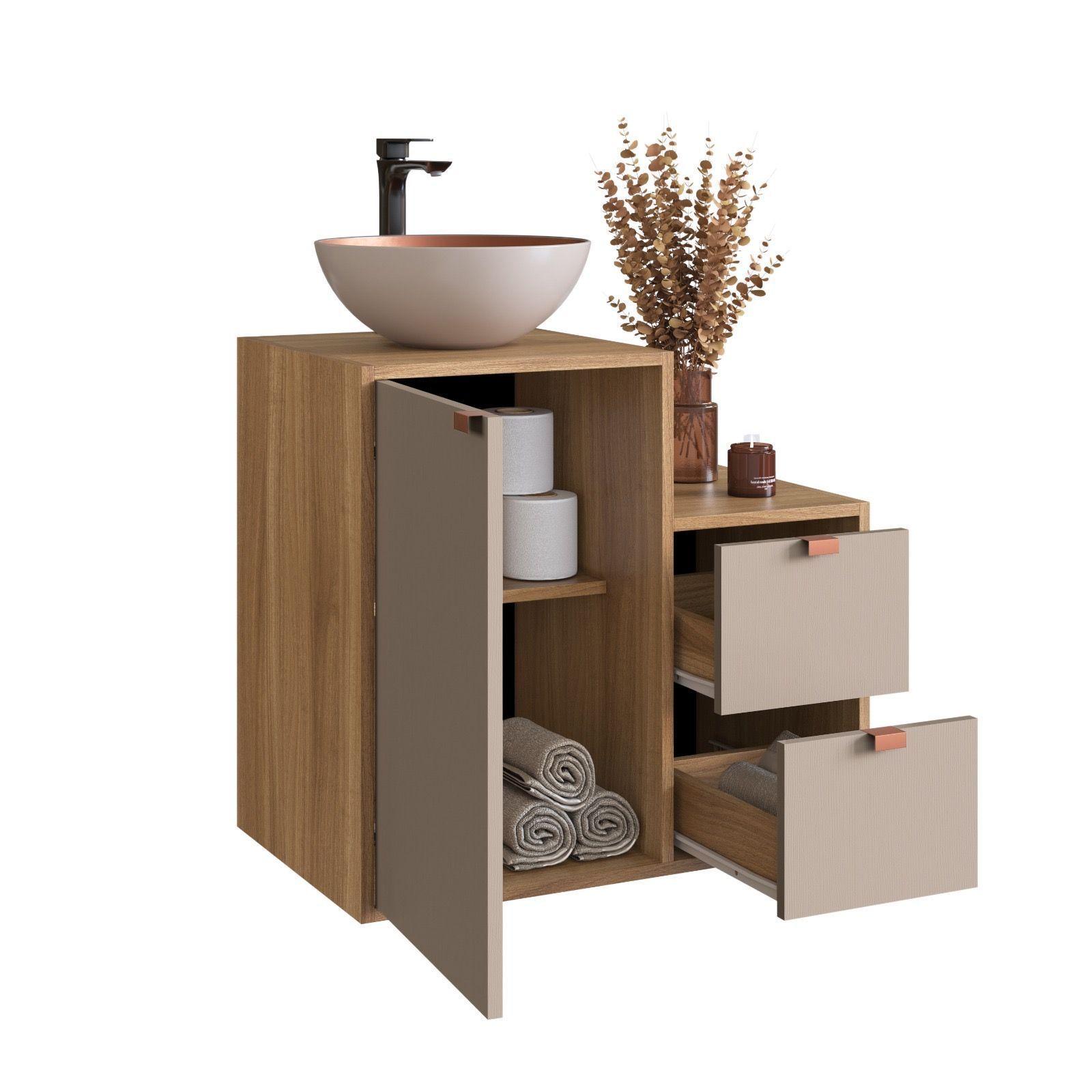 Mueble Bano con Lavamanos 1 puerta 2 cajones Gris Blanco-2