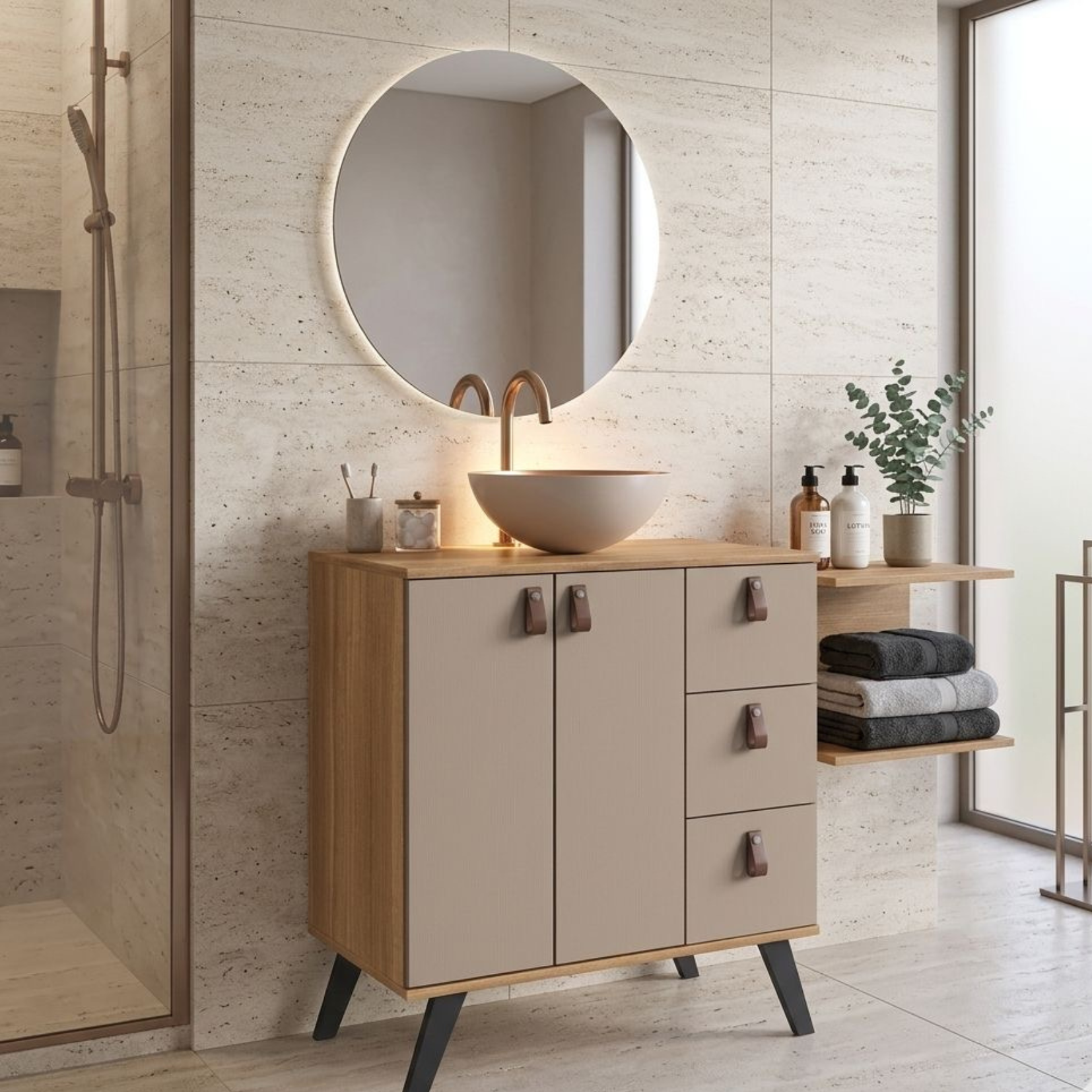 Mueble Bano con Lavamanos 2 puertas 3 cajones Nogal Gris-1