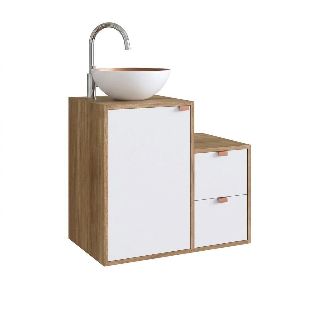 Mueble Bano con Lavamanos 1 puerta 2 cajones Nogal Blanco-0