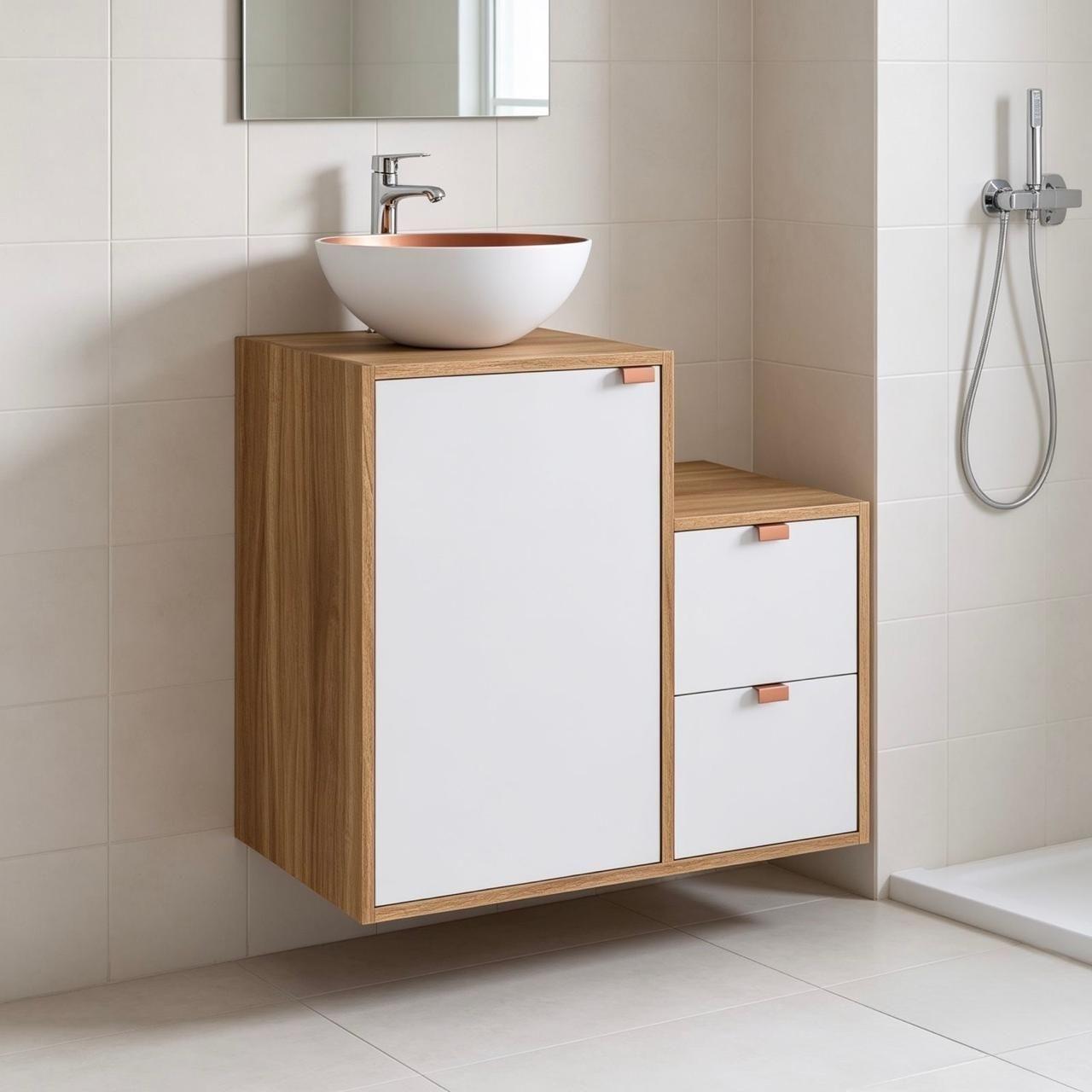 Mueble Bano con Lavamanos 1 puerta 2 cajones Nogal Blanco-2