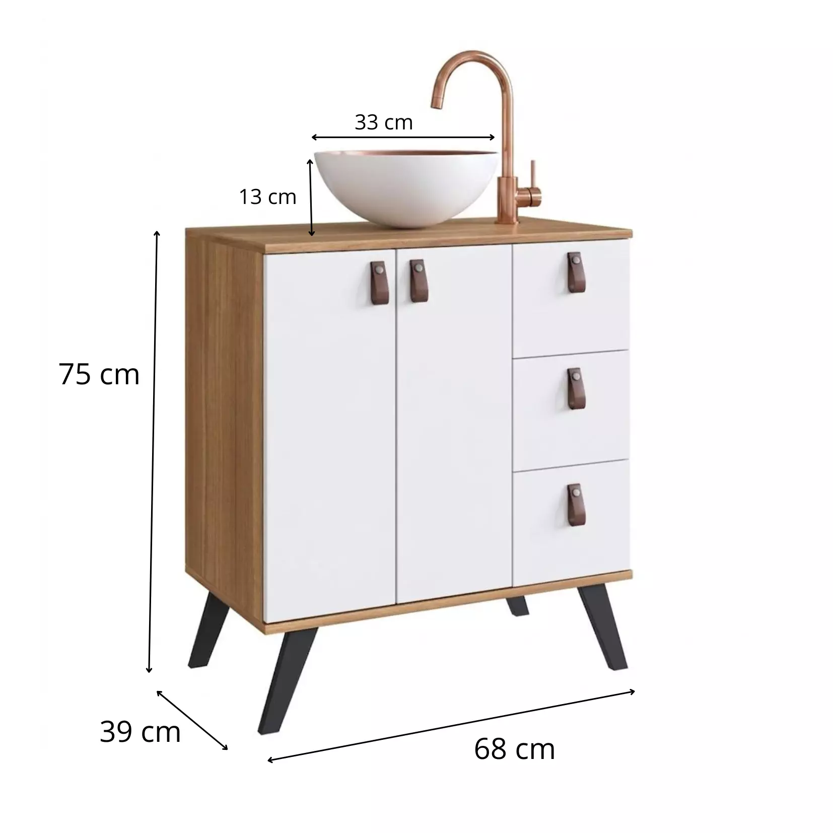 Combo Mueble de bano con Lavamanos 2puertas 3cajones nogal blanco cobre y Organizador nogal 2puerta-4