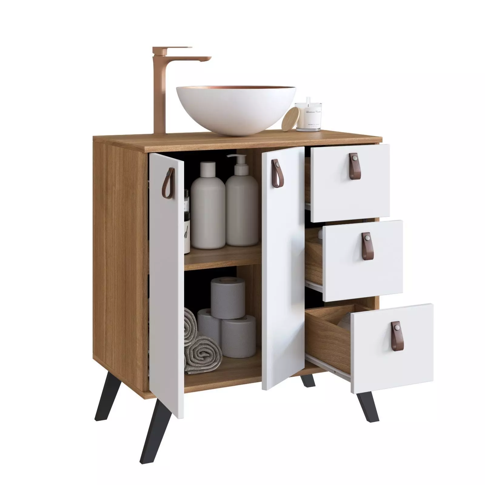 Combo Mueble de bano con Lavamanos 2puertas 3cajones nogal blanco cobre y Organizador nogal 2puerta-2