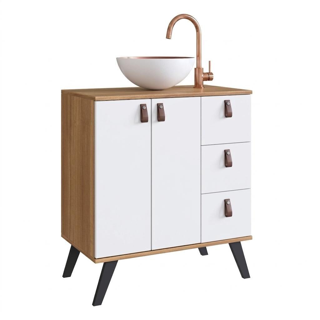 Mueble Bano con Lavamanos 2 puertas 3 cajones Nogal Blanco-0