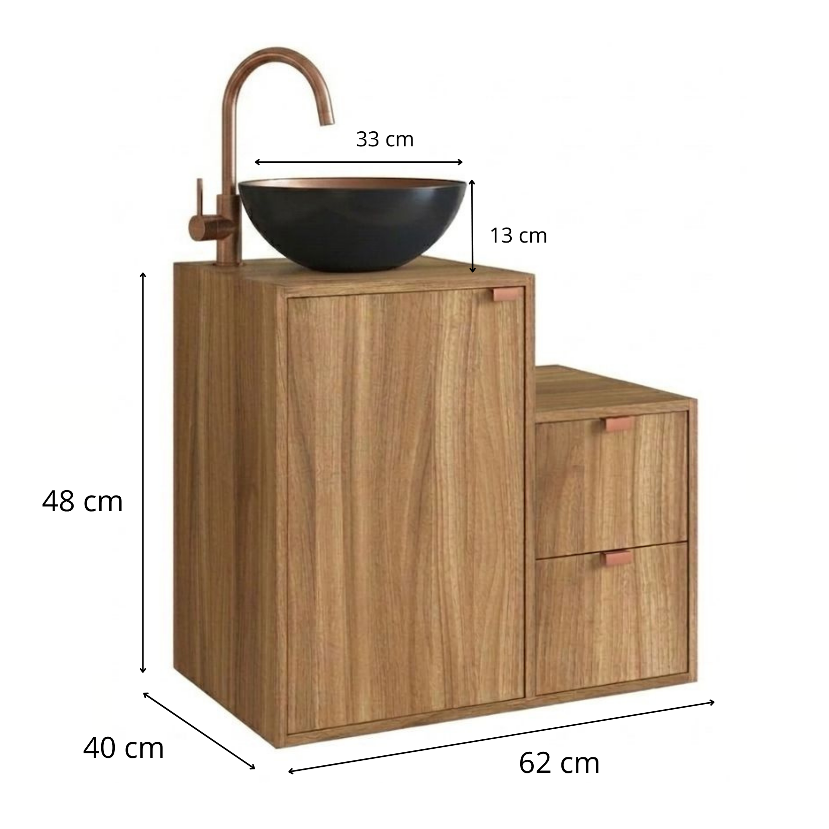 Combo Mueble de bano con Lavamanos 2cajones 1puerta nogal negro cobre y Organizador nogal 2puertas-4