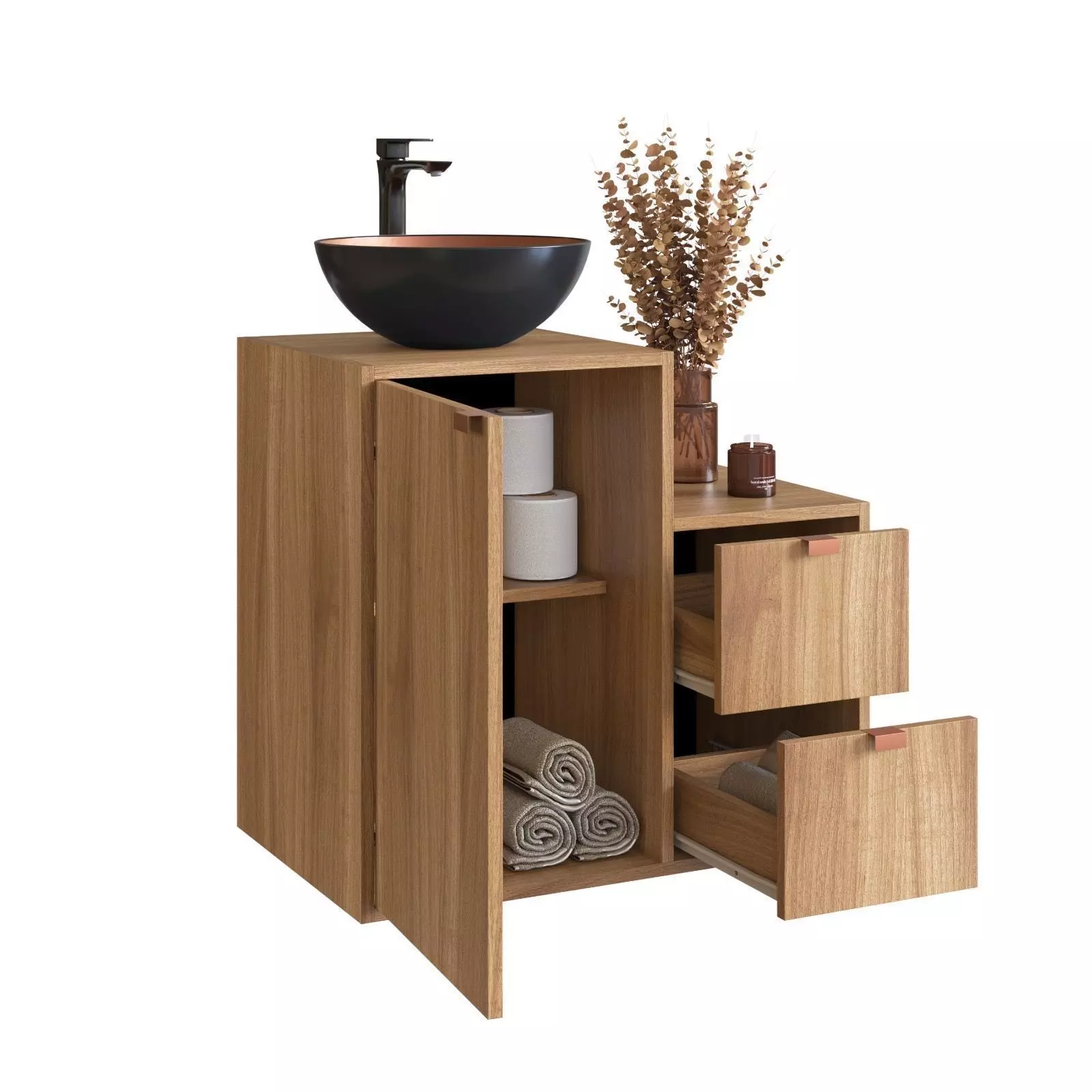 Combo Mueble de bano con Lavamanos 2cajones 1puerta nogal negro cobre y Organizador nogal 2puertas-2