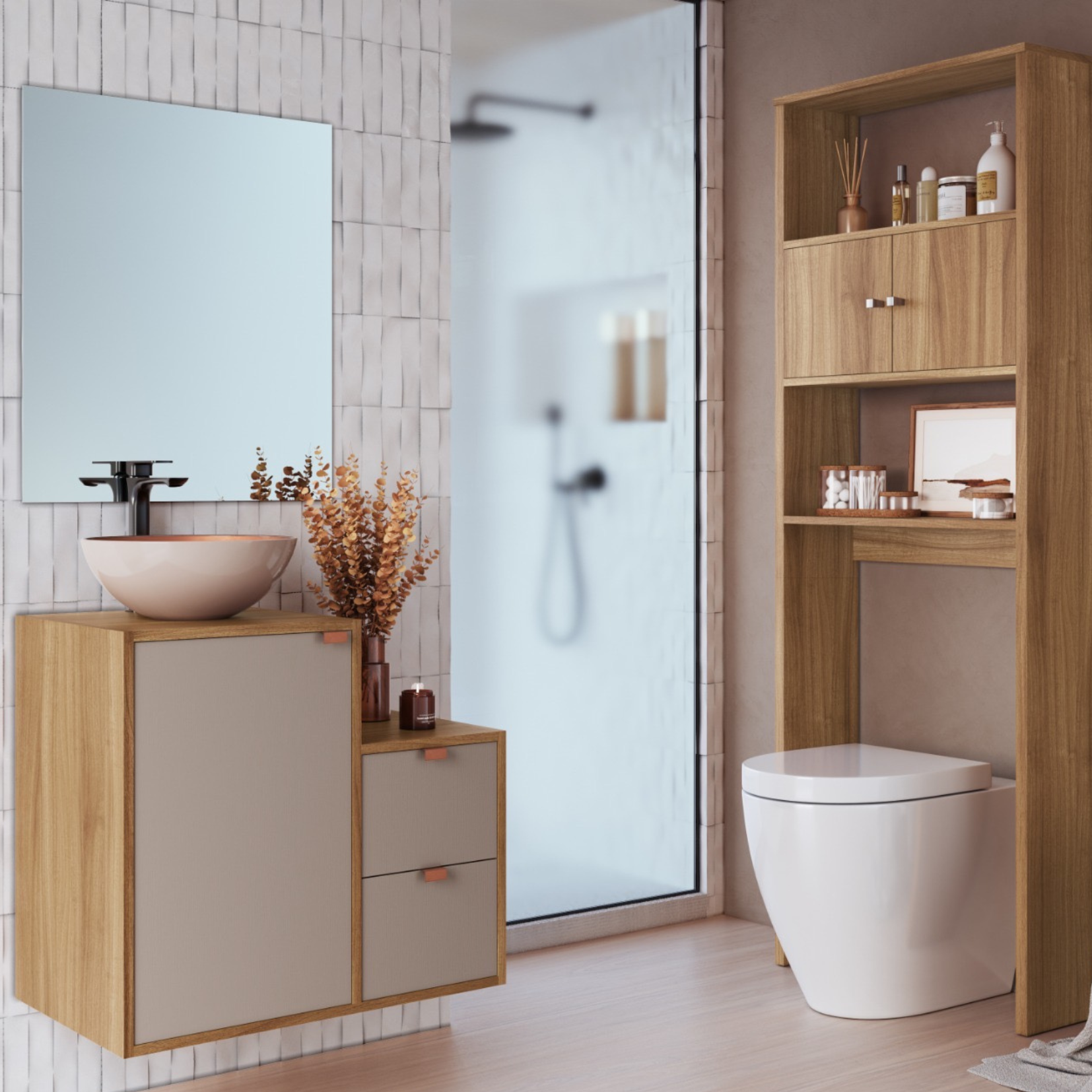 Combo Mueble de bano con Lavamanos nogal gris y Estante-1