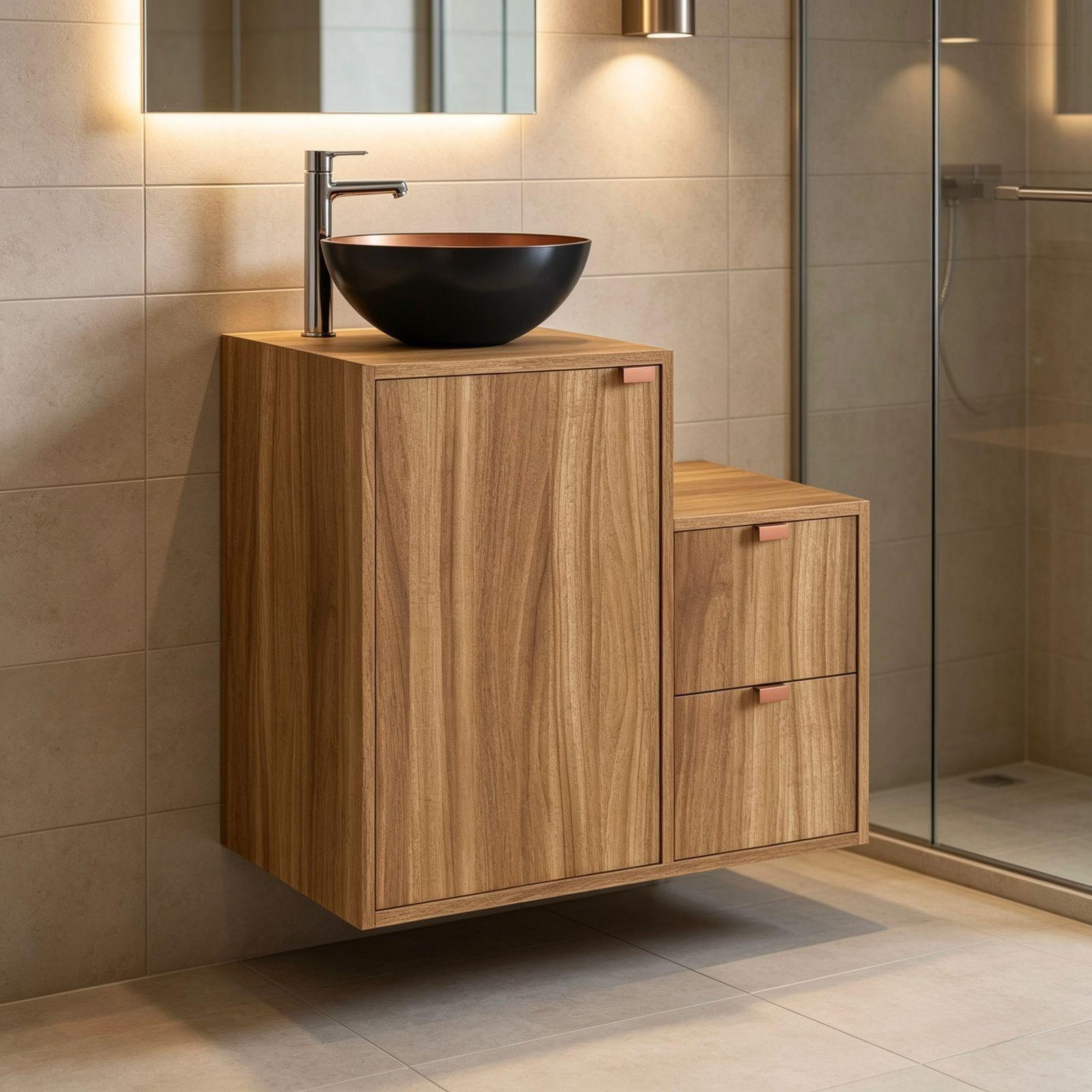 Mueble Bano con Lavamanos 1 puerta 2 cajones Cafe Nogal-2