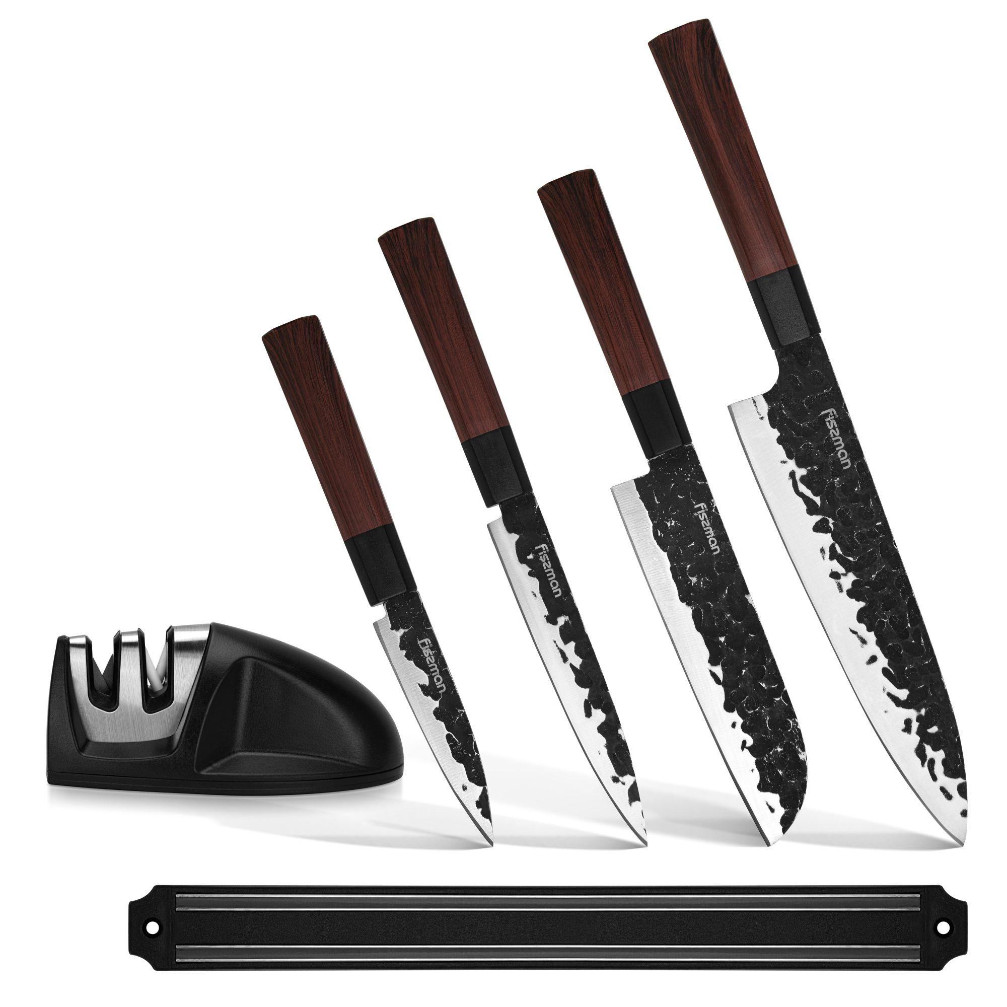 Set 4 cuchillos de cocina Kendo + Afilador y Barra magnética Fissman-4