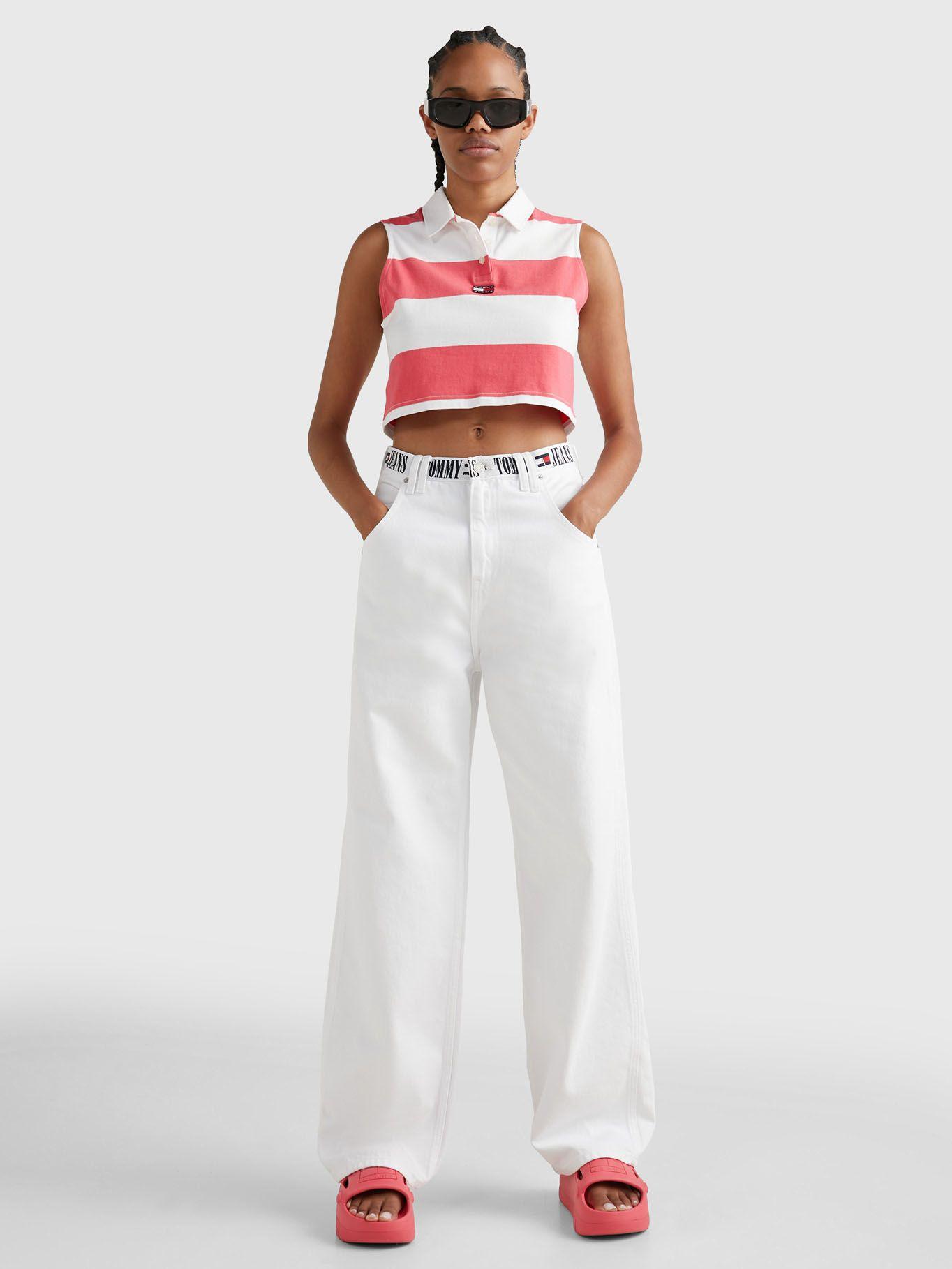 Polera A Rayas Cropped Sin Mangas Rosado Tommy Jeans-1