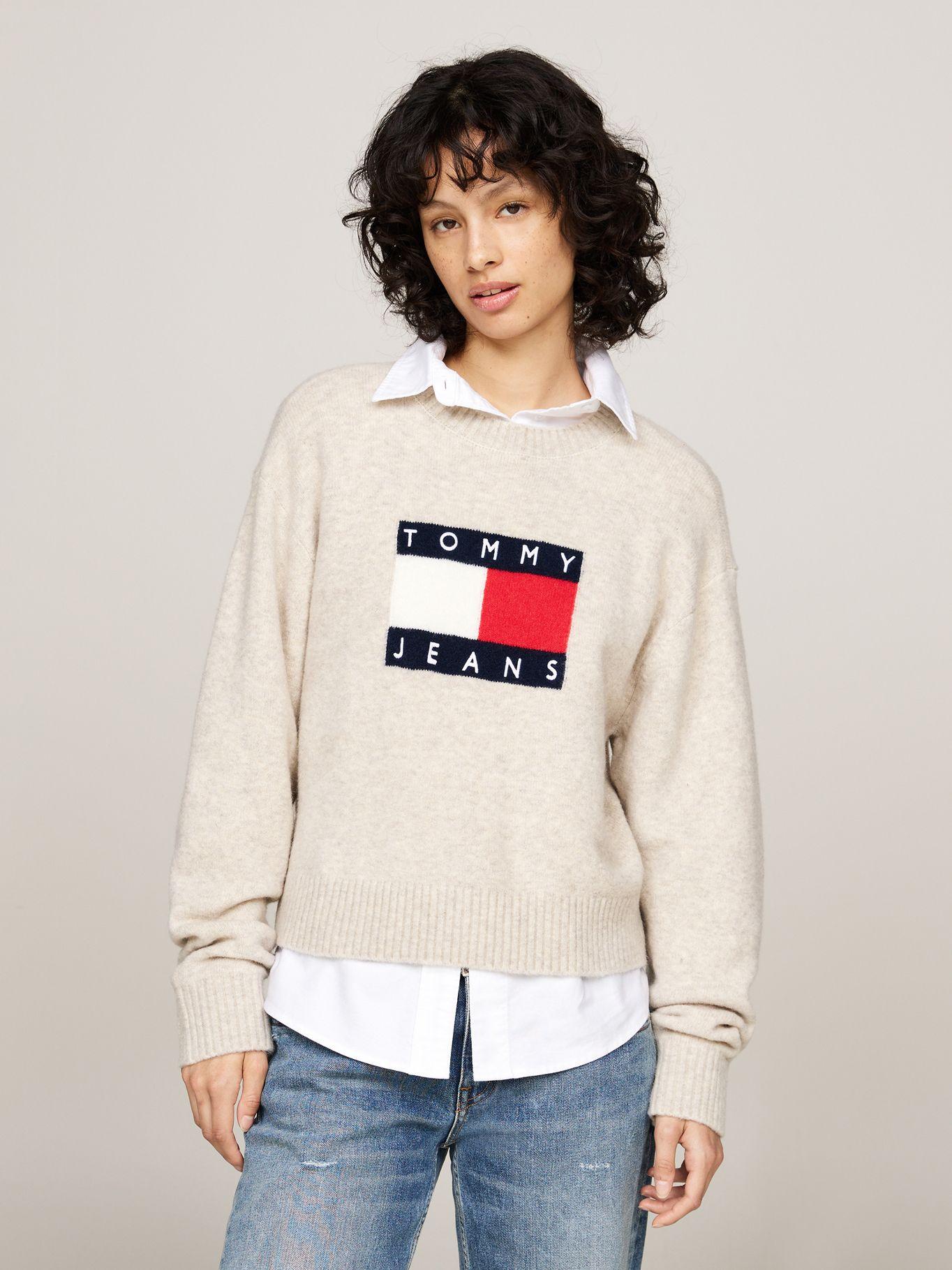 Sweater De Melánge Con Logo Flag Beige Tommy Hilfiger-0