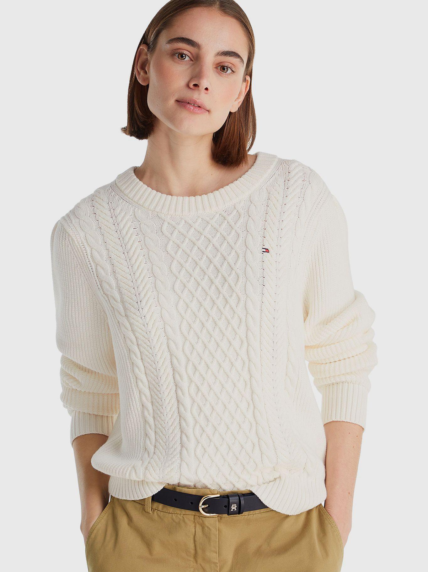 Sweater Tejido Cable Con Logo Blanco Tommy Hilfiger-0