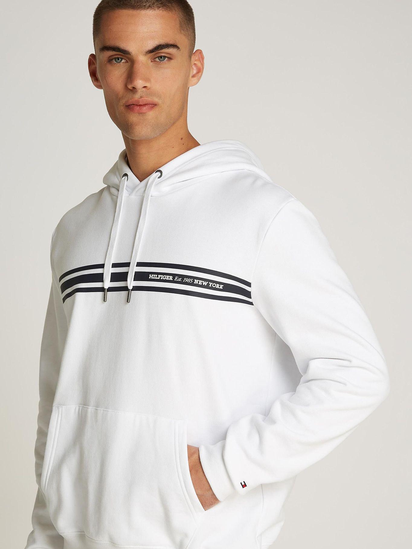 Polerón Hoodie Con Logo Central De Rayas Blanco Tommy Hilfiger-3
