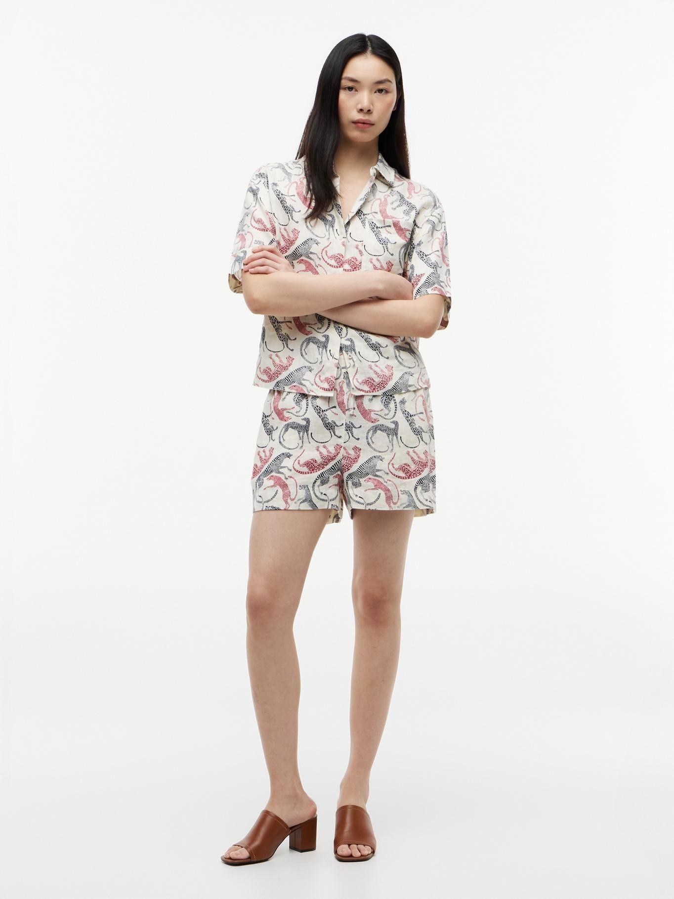Shorts De Lino Con Logo Bordado-0