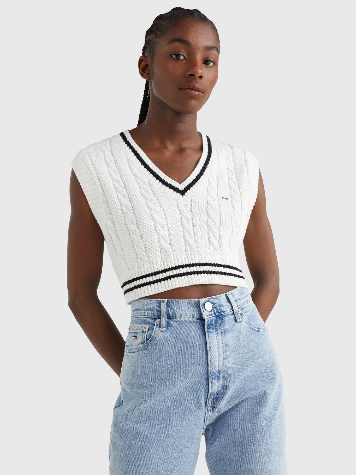 Sweater Cropped De Punto Trenzado Blanco Tommy Hilfiger-3