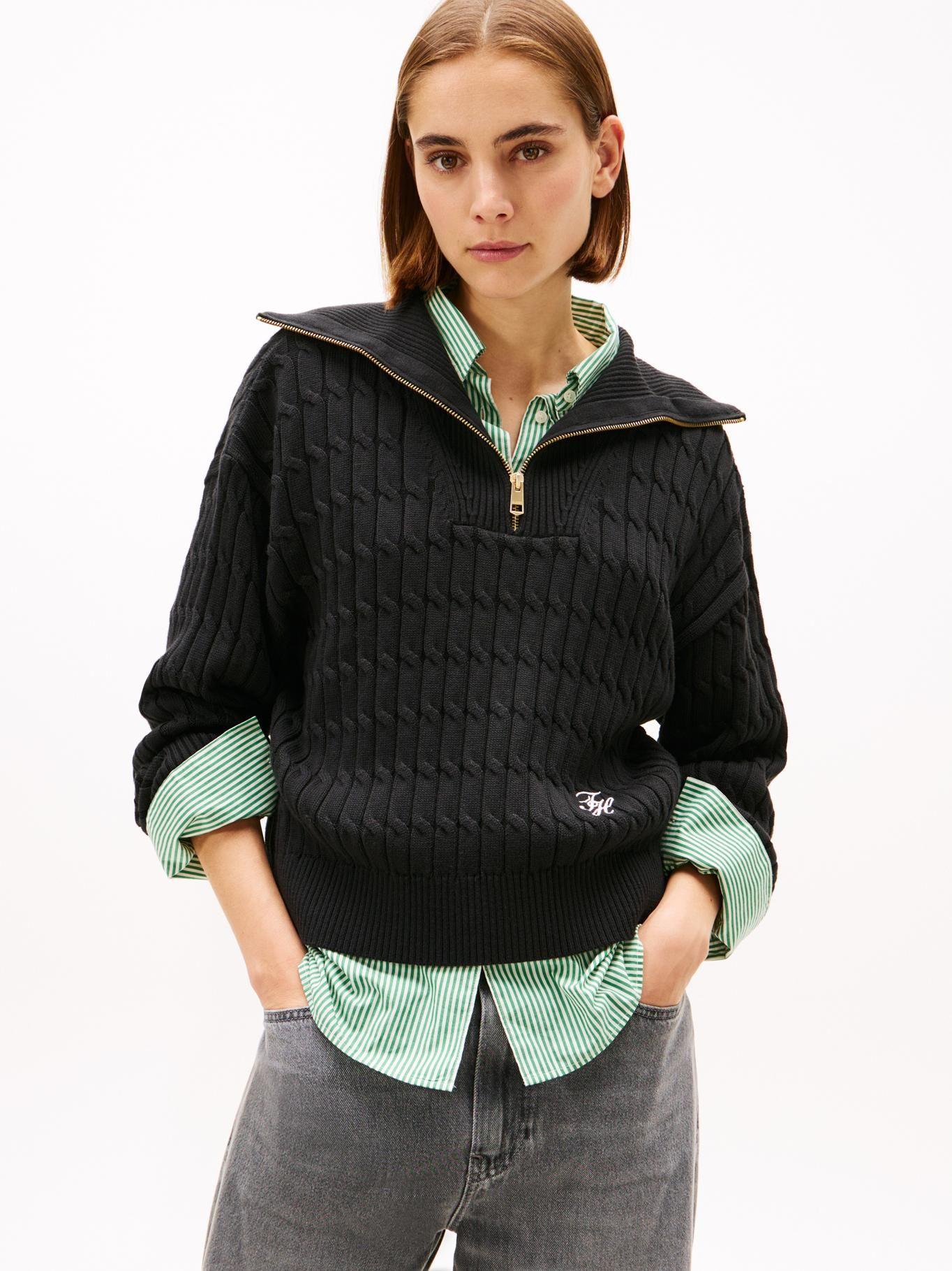 Sweater Con Cierre Tejido Cableado Tommy Hilfiger Negro-0