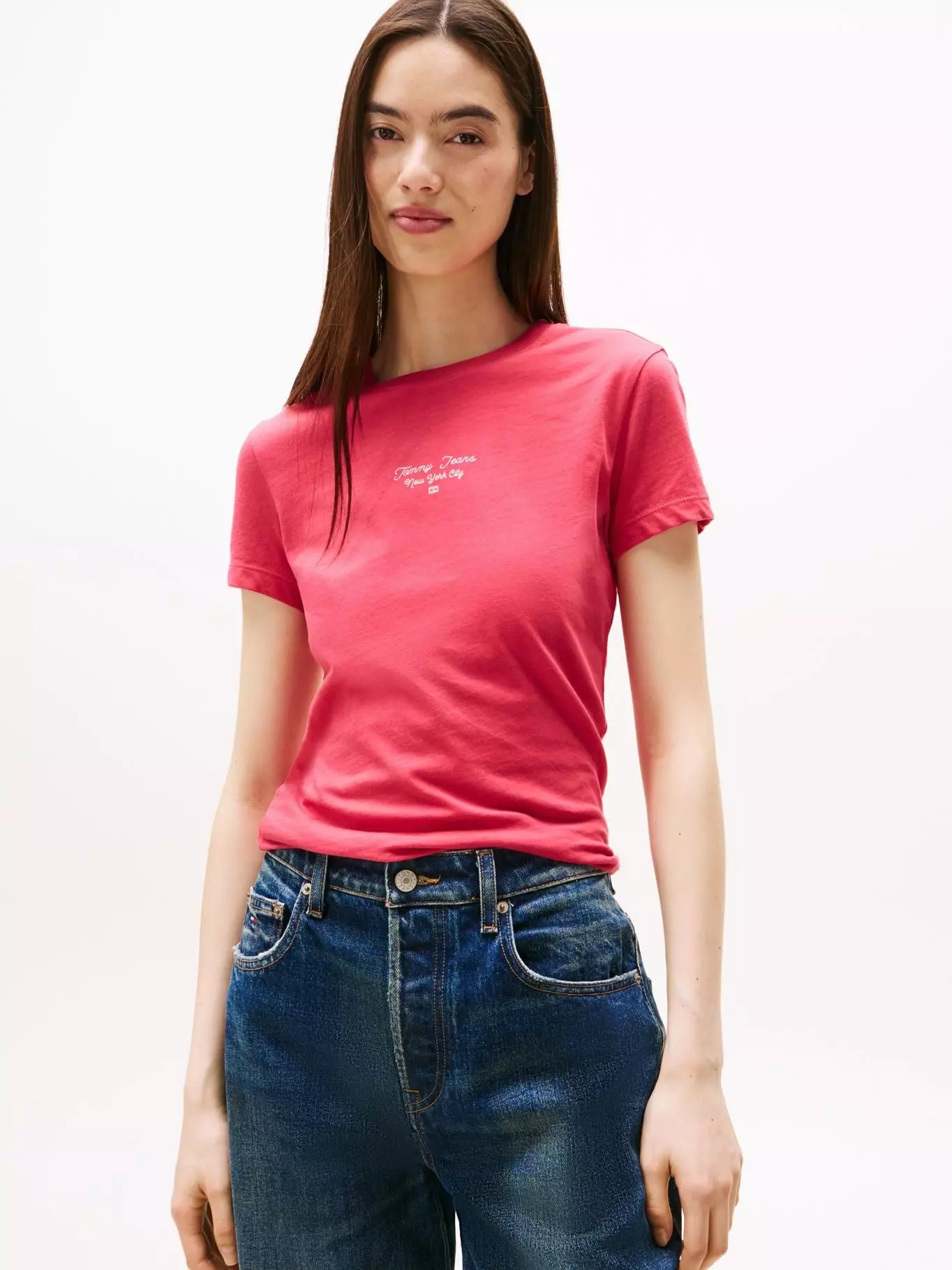 Polera Slim Fit Logo Essential Rosado Tommy Jeans-0
