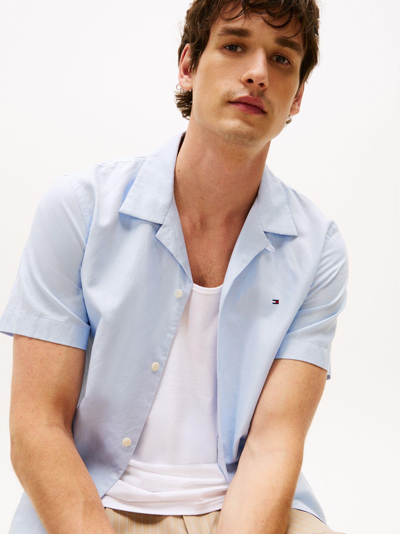 Camisa De Lino Solid Celeste Tommy Hilfiger-3