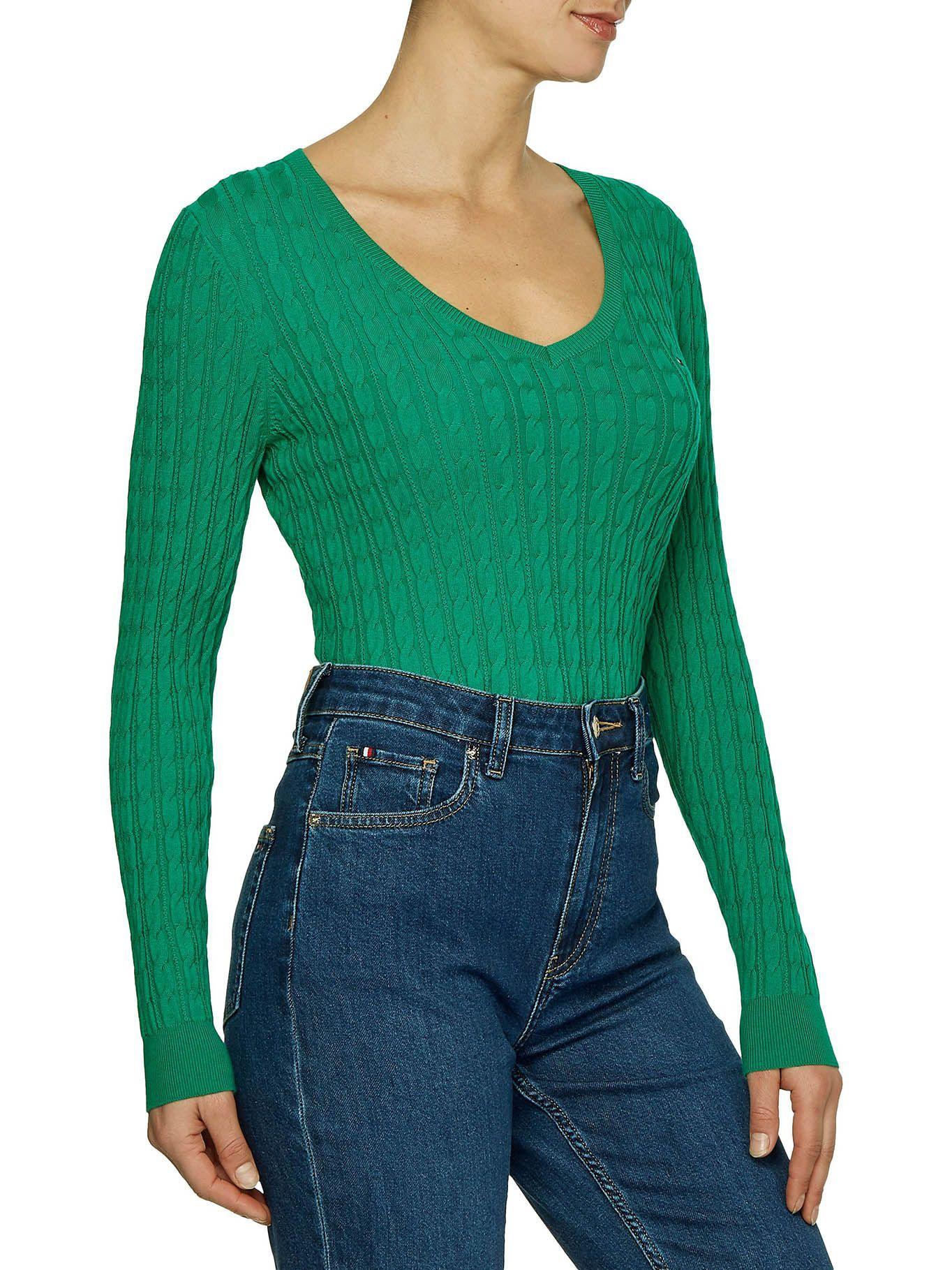 Sweater Tejido Cable De Cuello V Verde Tommy Hilfiger-3