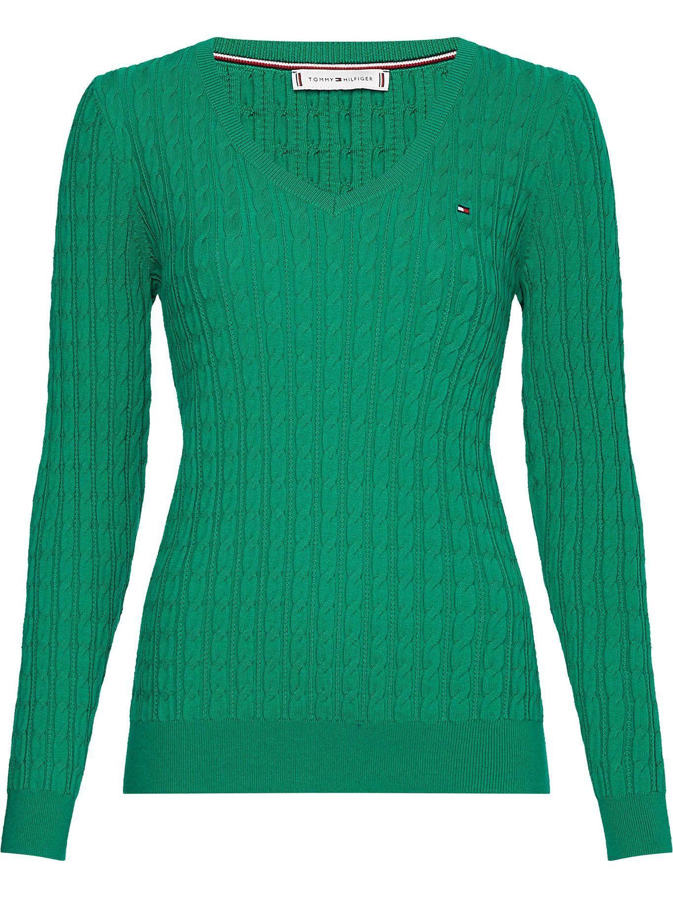 Sweater Tejido Cable De Cuello V Verde Tommy Hilfiger-0