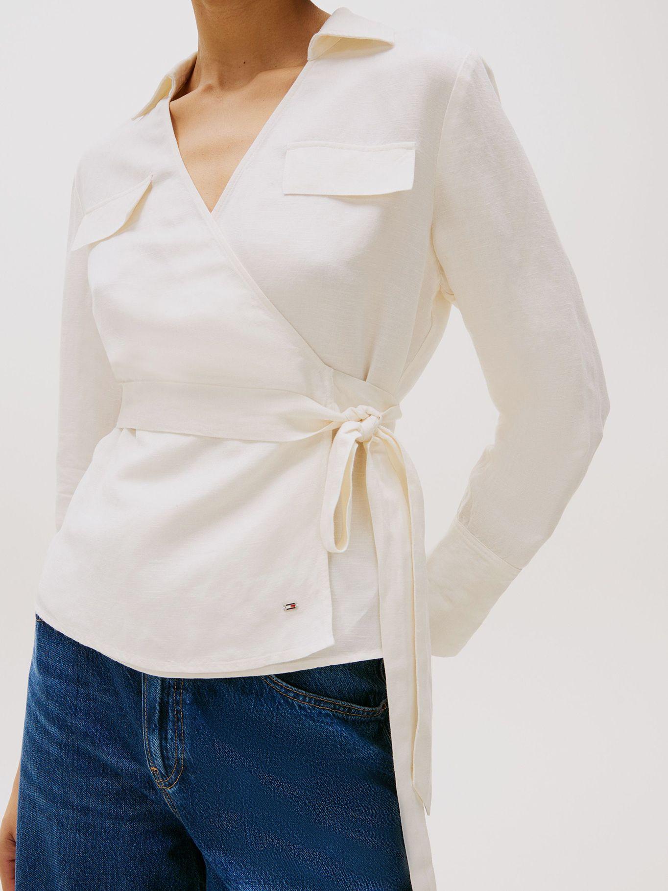 Blusa De Lino Con Diseño Cruzado Blanco Tommy Hilfiger-3