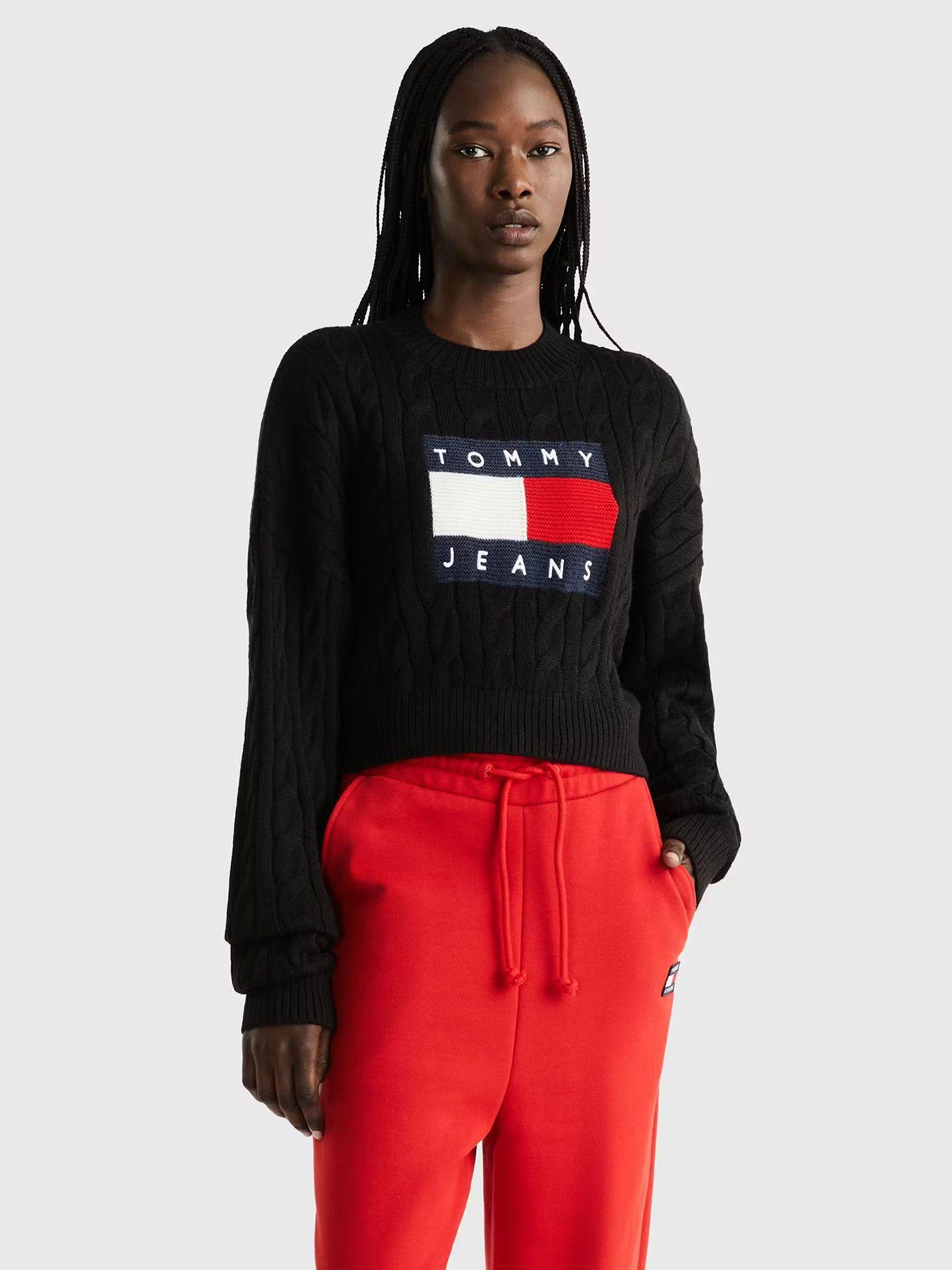 Sweater Cropped Trenzado Con Logo Negro Tommy Hilfiger-0
