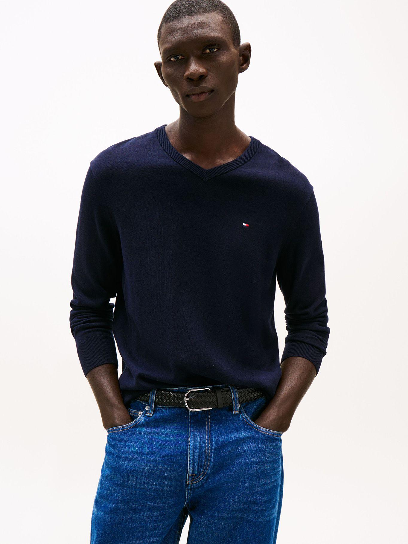 Sweater Neck-V Básico Signature Azul Tommy Hilfiger-0