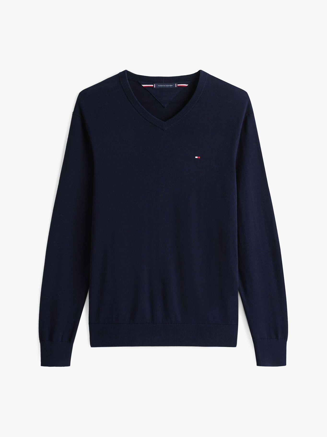 Sweater Neck-V Básico Signature Azul Tommy Hilfiger-4
