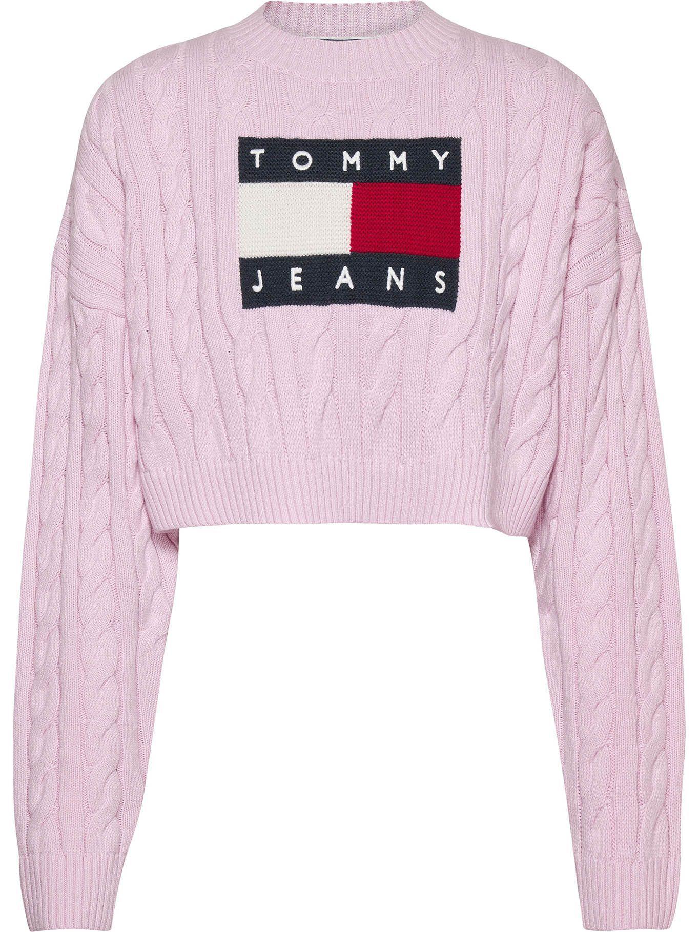 Sweater Cropped Trenzado Con Logo Rosado Tommy Jeans-0