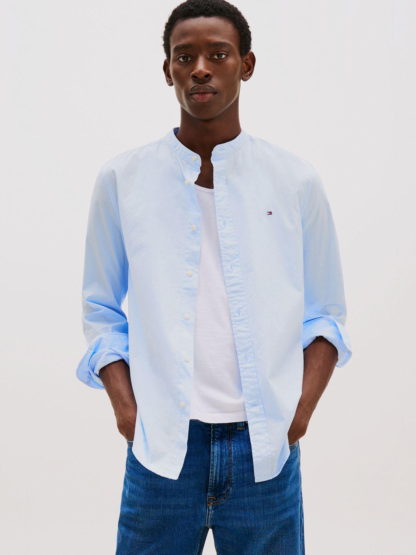 Camisa De Popelín Con Cuello Mao Celeste Tommy Hilfiger-0