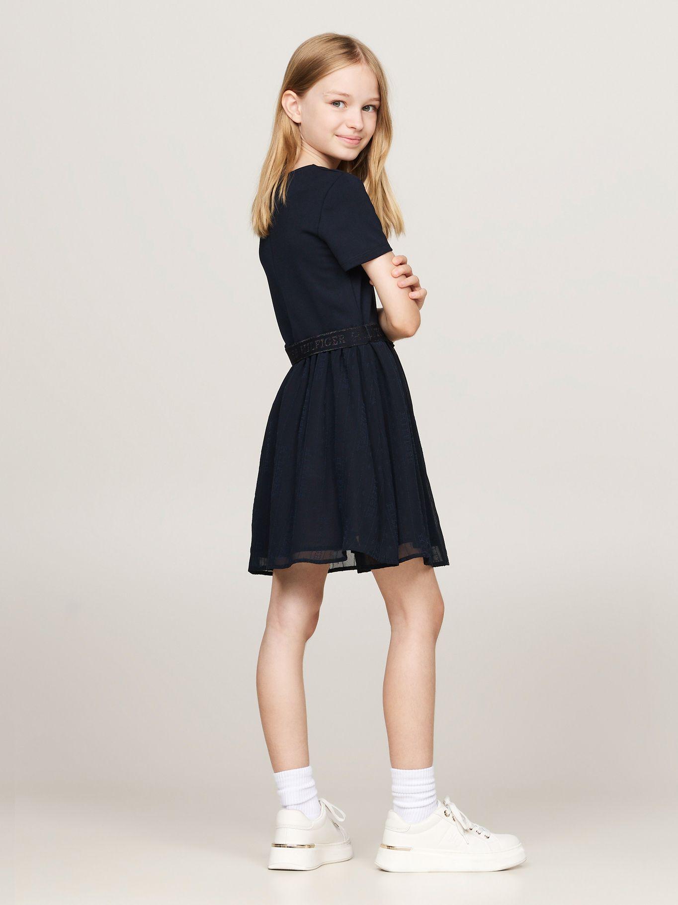 Vestido De Niña Con Logo Y Cinturón Azul Tommy Hilfiger-1