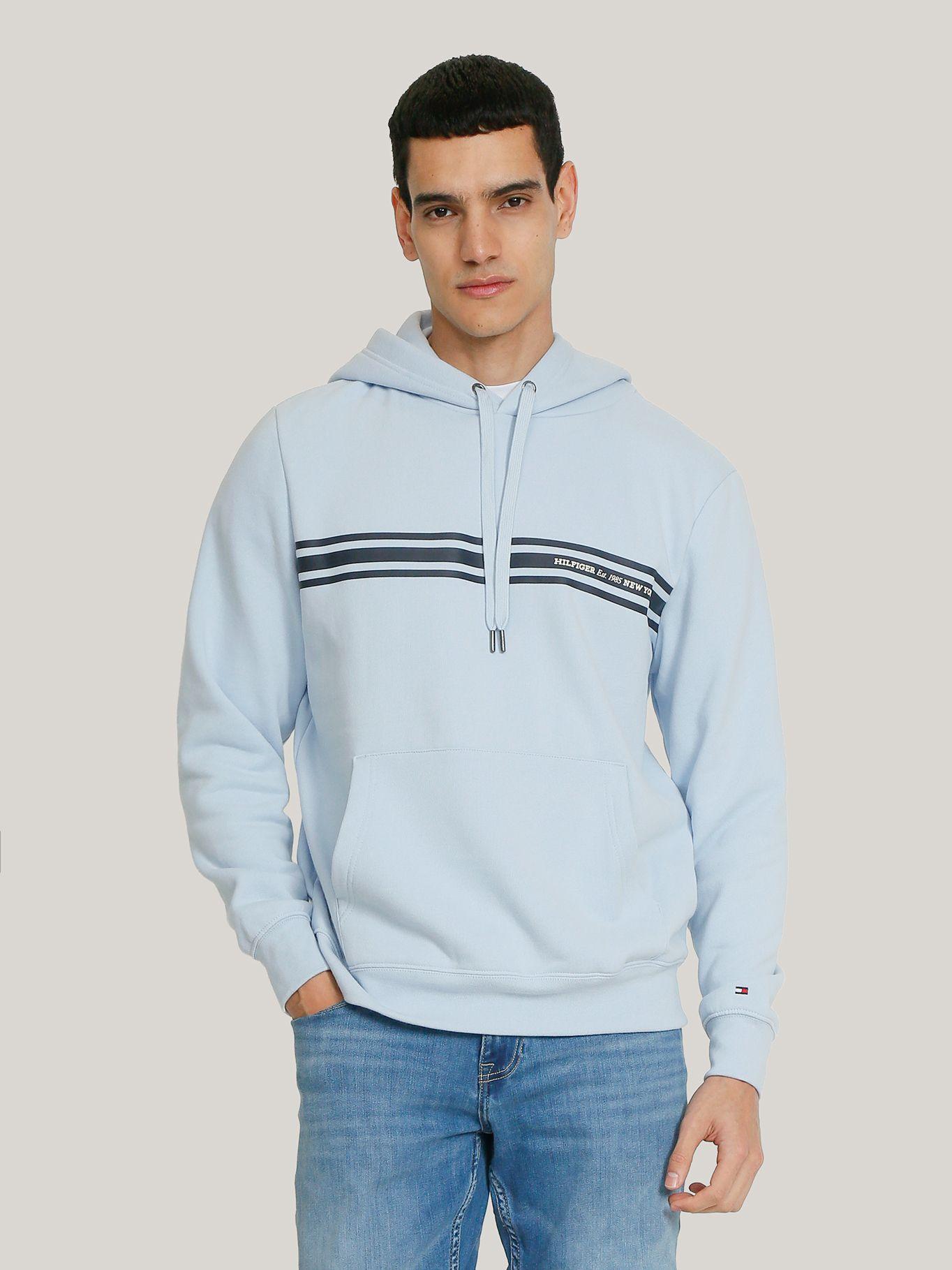 Polerón Hoodie Con Logo Central De Rayas Celeste Tommy Hilfiger-0