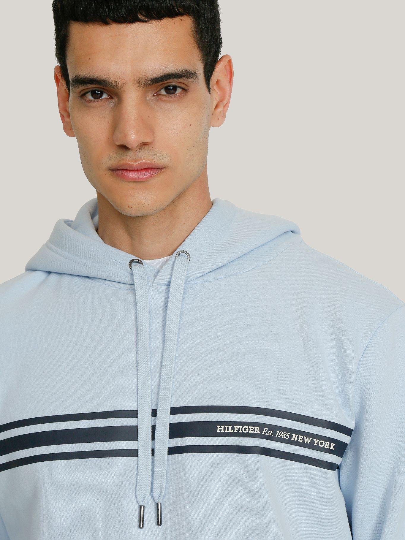Polerón Hoodie Con Logo Central De Rayas Celeste Tommy Hilfiger-4
