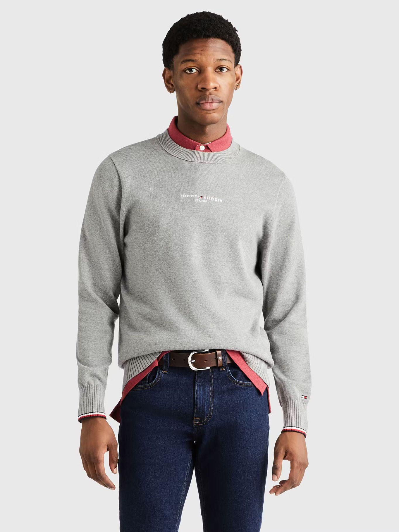 Sweater C-Neck Con Logo Bordado Gris Tommy Hilfiger-0