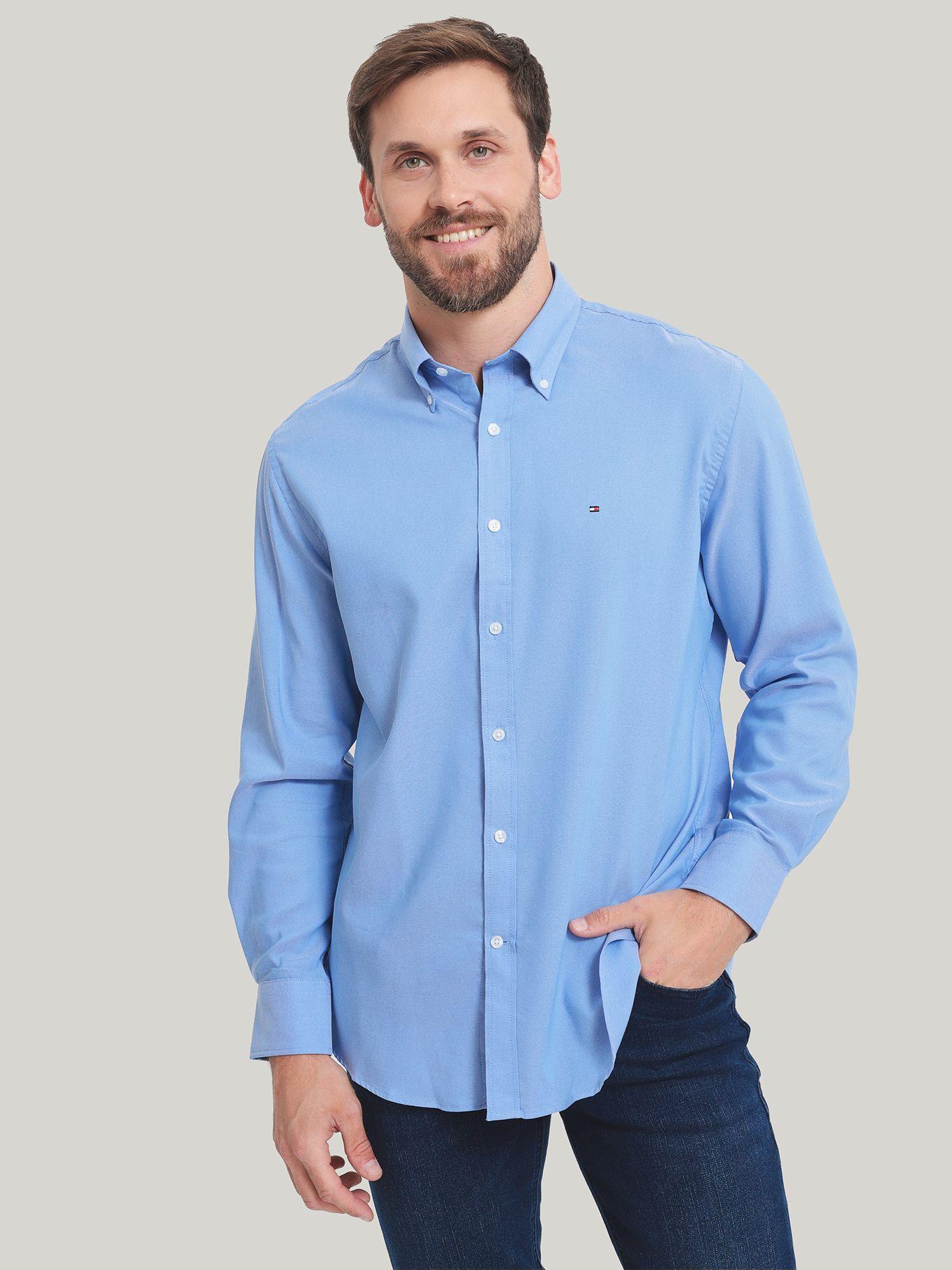 Camisa De Vestir Solid Con Logo Celeste Tommy Hilfiger-0