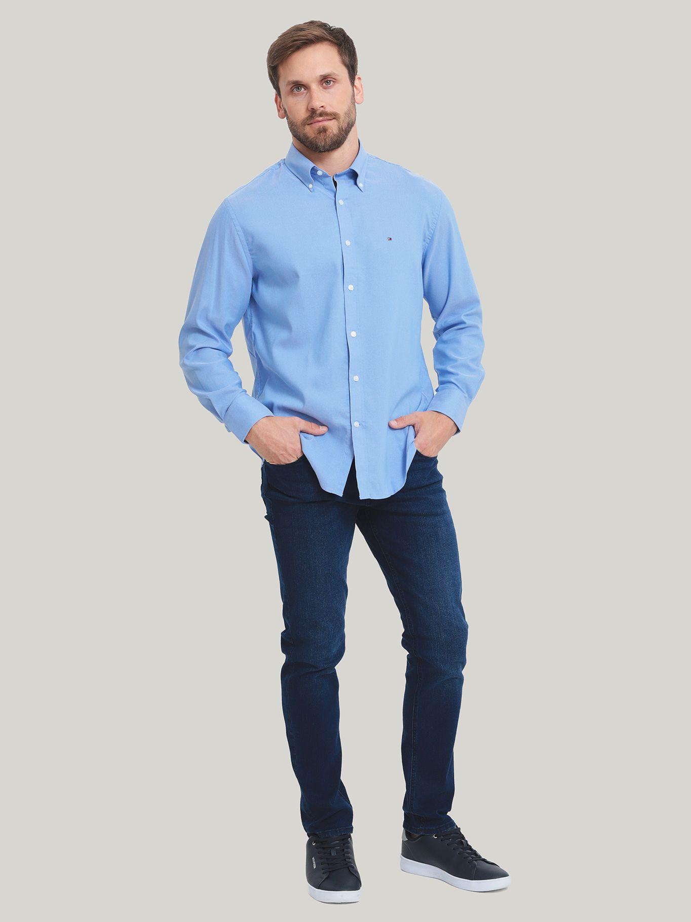 Camisa De Vestir Solid Con Logo Celeste Tommy Hilfiger-2