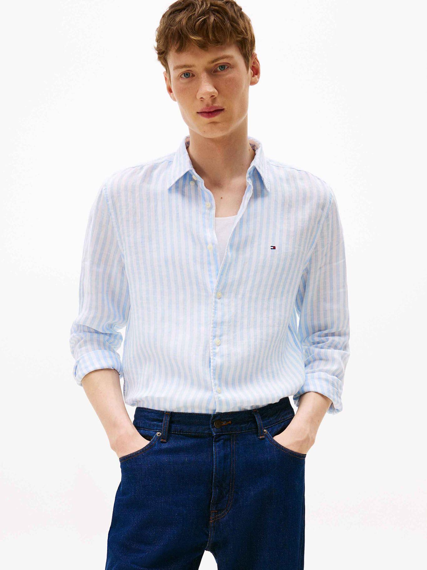 Camisa Linen Stripe Regular Fit Celeste Tommy Hilfiger-0