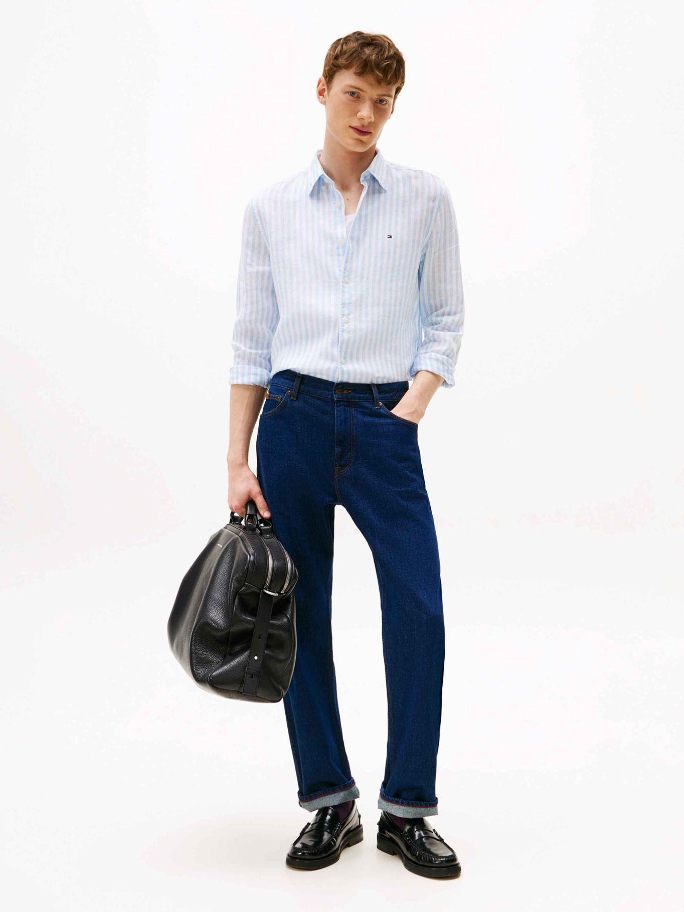 Camisa Linen Stripe Regular Fit Celeste Tommy Hilfiger-1