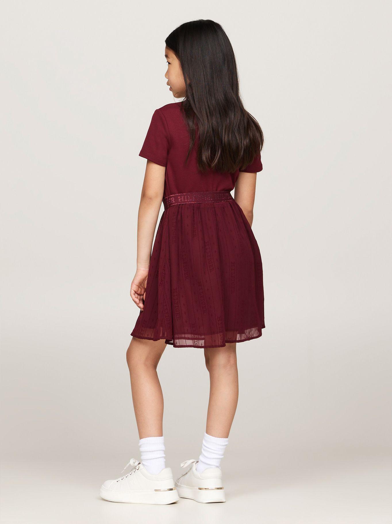 Vestido De Niña Con Logo Cinturón Burdeo Tommy Hilfiger-1